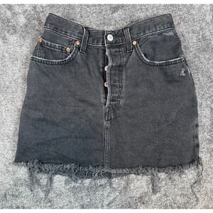 Levi's Premium Black Denim Skirt Distressed Frayed Hem Button Fly W30